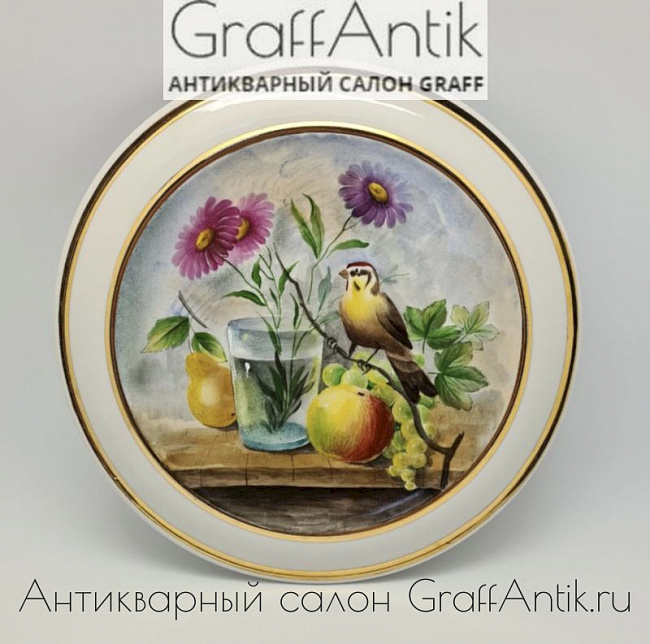 Настенная авторская тарелка "Цветы и птица", Дулево