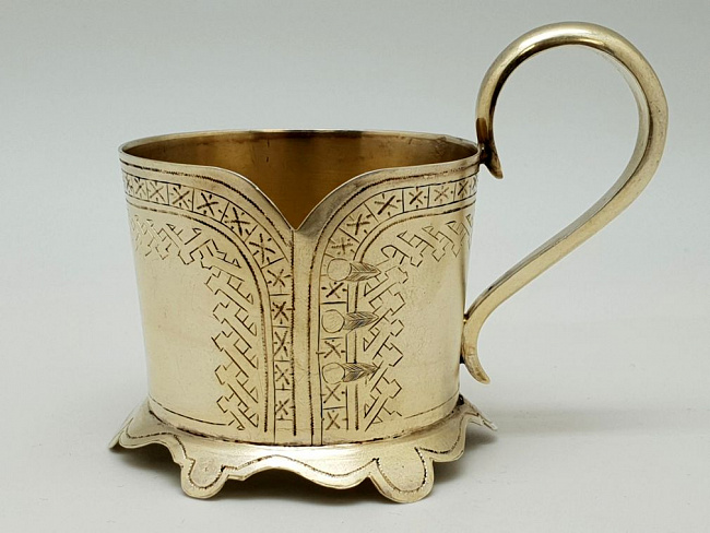 Старинный серебряный Подстаканник "Русский Стиль" 1876 год. 84 проба. Позолота.