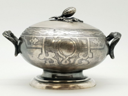 Антикварная серебряная Сахарница " Дубок " 1875 г., Серебро 84 проба. Позолота