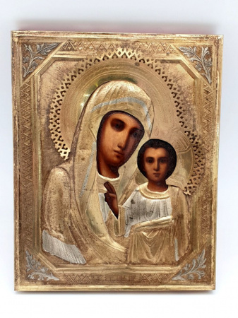 Старинная икона "Казанской Божией Матери" Латунь, Позолота, Серебрение
