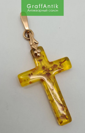 Золотая подвеска "Крест с янтарем"