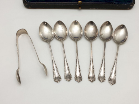 Антикварный серебряный набор "Кофейные Ложки и Щипцы для сахара" Серебро Англия