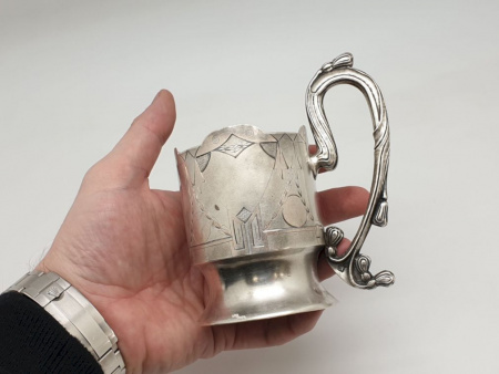 Старинный серебряный подстаканник " Модерн " Штихель Серебро 84 пробы. Позолота