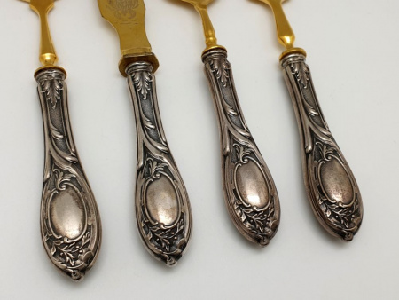 Антикварный серебряный набор " Ложка Вилка Нож Лопатка" Позолота. Серебро 84 пробы