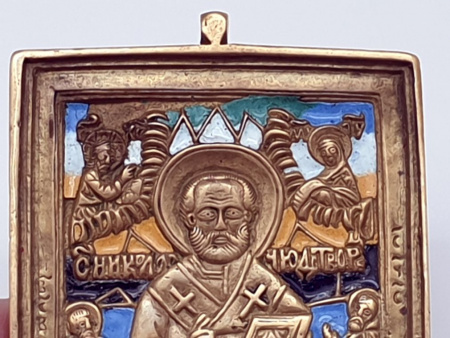 Икона "Святой Николай Чудотворец" бронза, Эмали