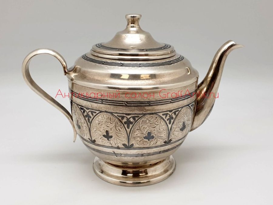 Серебряный чайник-заварник, Кубачи, чернь, 875 проба, позолота
