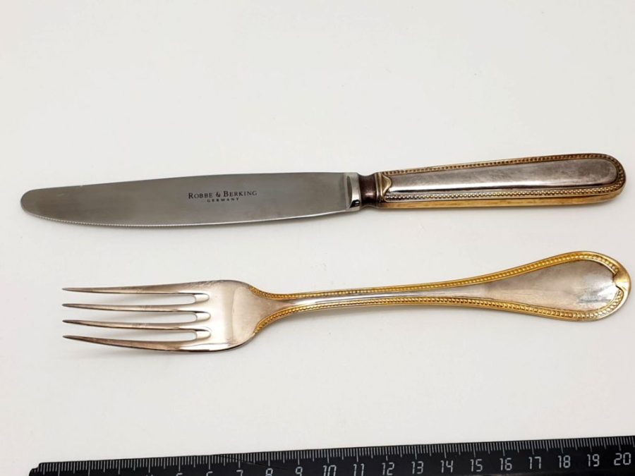Серебряные вилка и нож Robbe & Berking, позолота, 925 проба