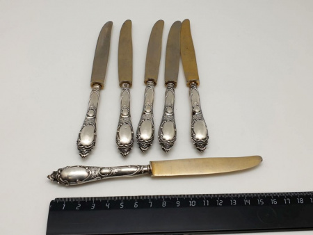 Старинные серебряные " Фруктовые Ножи " Серебро 84 пробы и 800 проба. Позолота